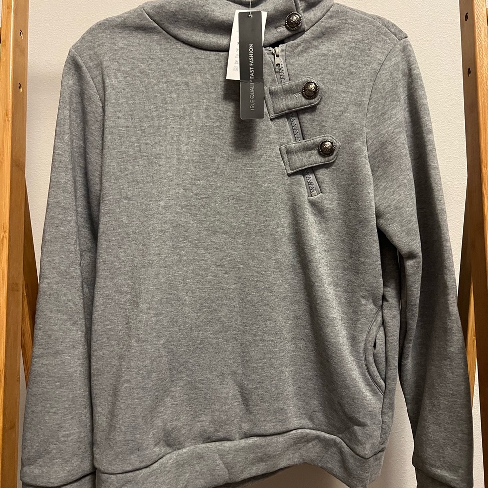 Zanzea Heather Gray Buttoned Hoodie Sweatshirt